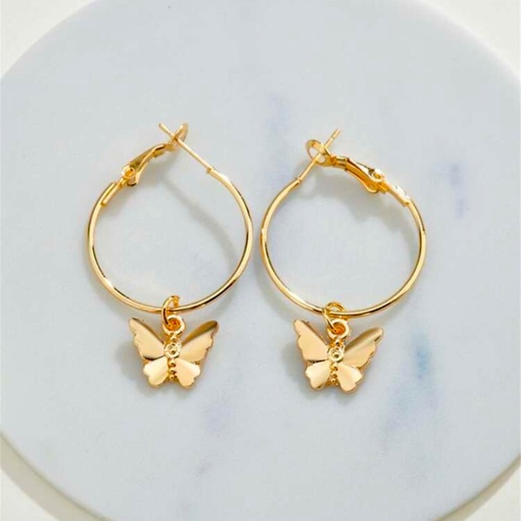 Gold butterfly hoop earrings - Picture 1 of 2